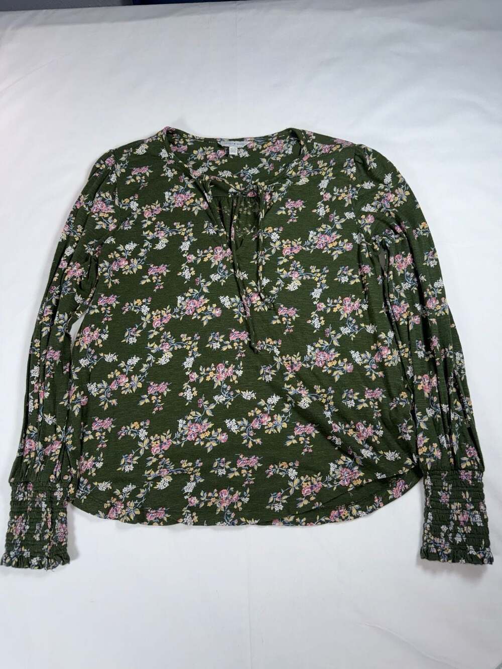 Lucky Brand Floral Tie Neck Blouse Size XS Green Long Sleeve